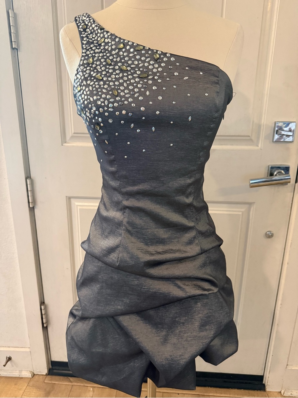 Y2K Cache One-Shoulder Gunmetal Dress Crystal Accents 4 formal going out party